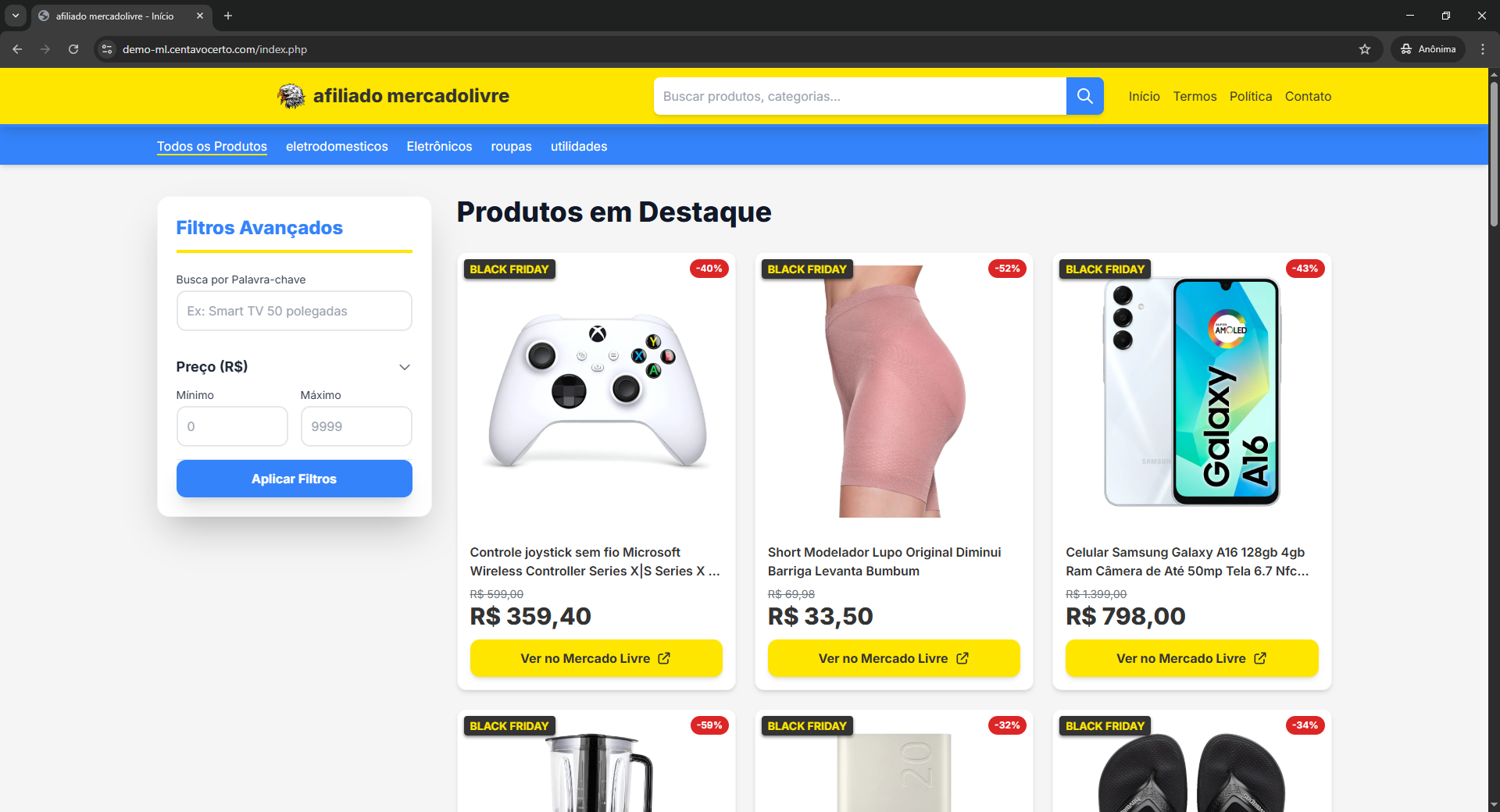 Site completo afiliado mercado livre script
